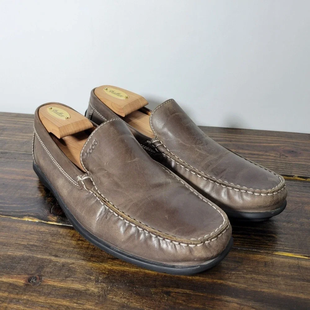 Ecco Men's‎ Driver Loafer Shoes Brown Leather LATEX Slip On Size EU42 / US 8-8.5